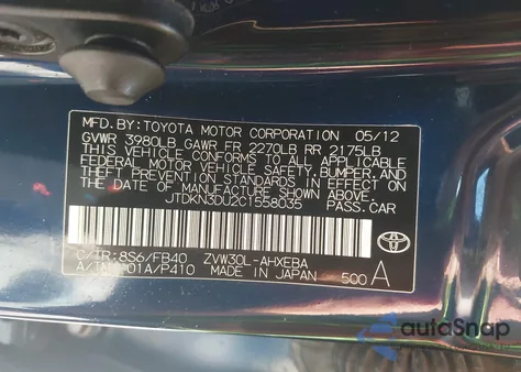 2012 Toyota Prius Three z USA, uszkodzony, nr VIN JTDKN3DU2C1558035